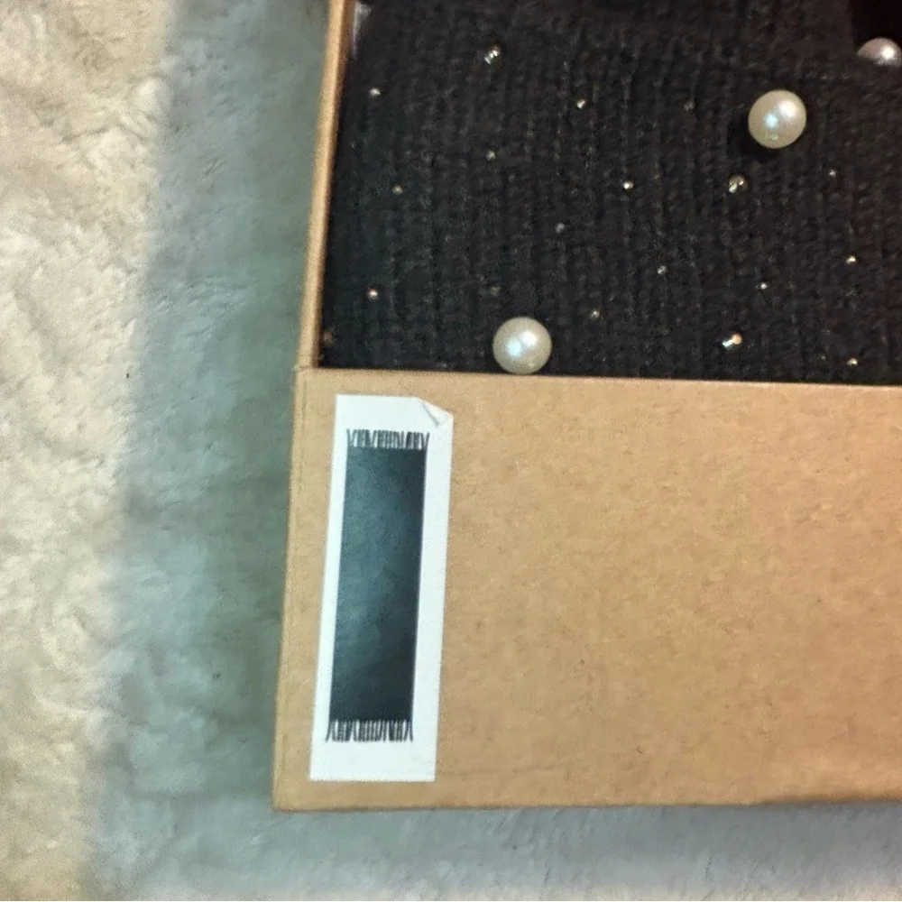 NEW Lucky Brand SET Black Scarf + Beanie Hat Tan Pom Pearls Sparkles Cozy Gift